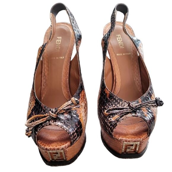 FENDI Brown Snakeskin Print Slingback Heels Sz 37 (7) - Picture 1 of 12